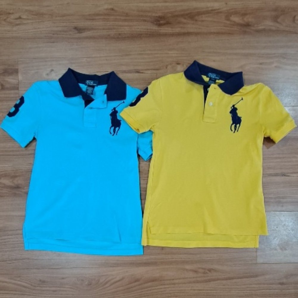 Two (2) Polo Ralph Lauren boys yellow and aqua big pony polo shirts s/s